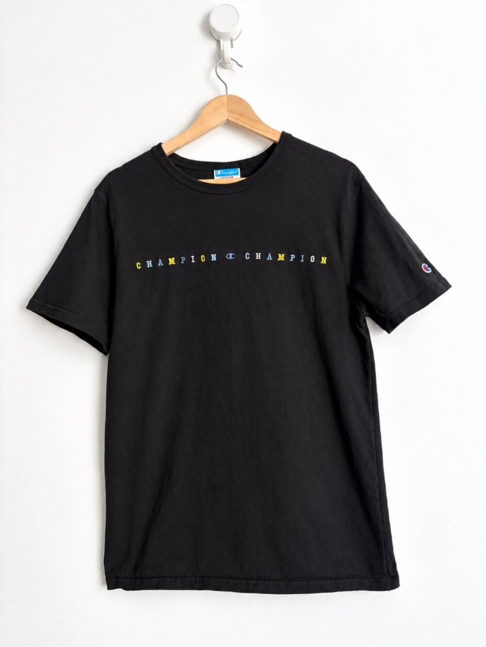 Champion Black Cotton Embroidered Logo T Shirt Vintage Streetwear M